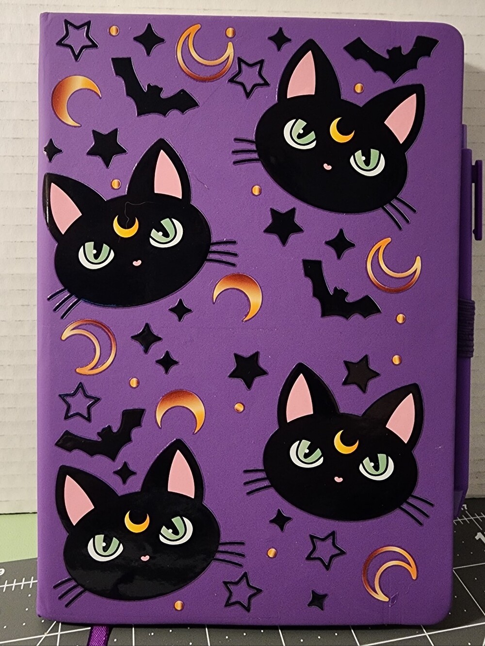 Purple Cat Notebook with Black Crescent Cats -
